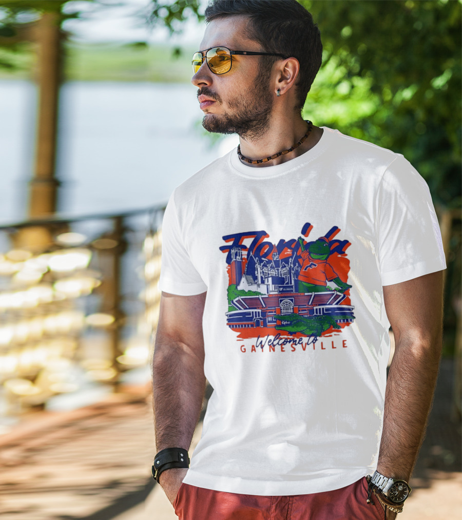 Florida Gators Welcome To Gainesville Stadium And Mascot Collage T-Shirt