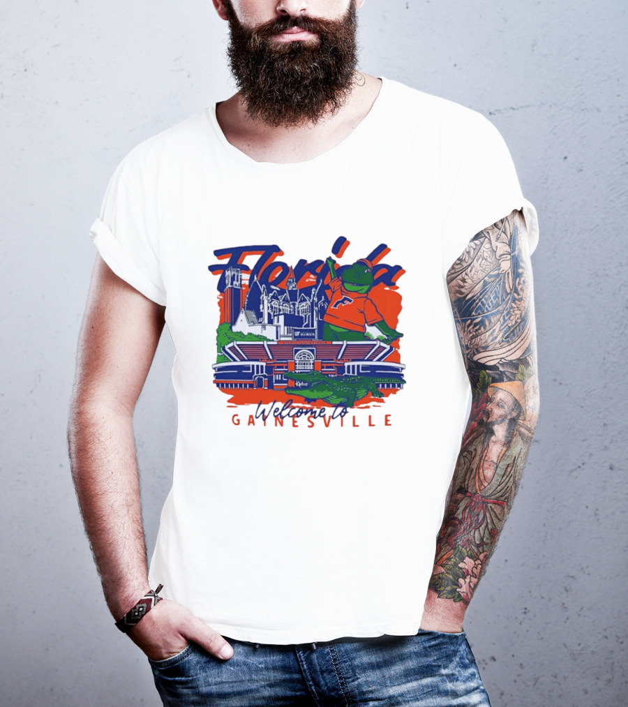 Florida Gators Welcome To Gainesville Stadium And Mascot Collage T-Shirt