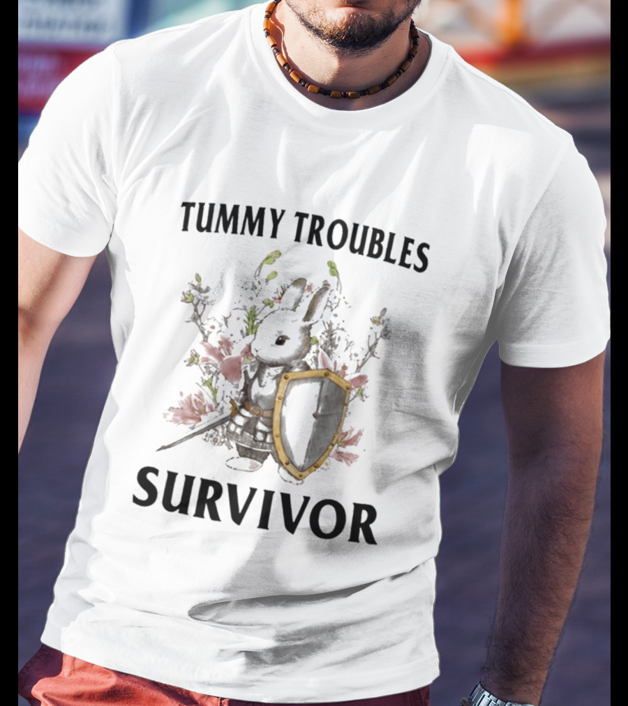 Tummy Troubles Survivor Bunny With Shield And Flowers T-Shirt