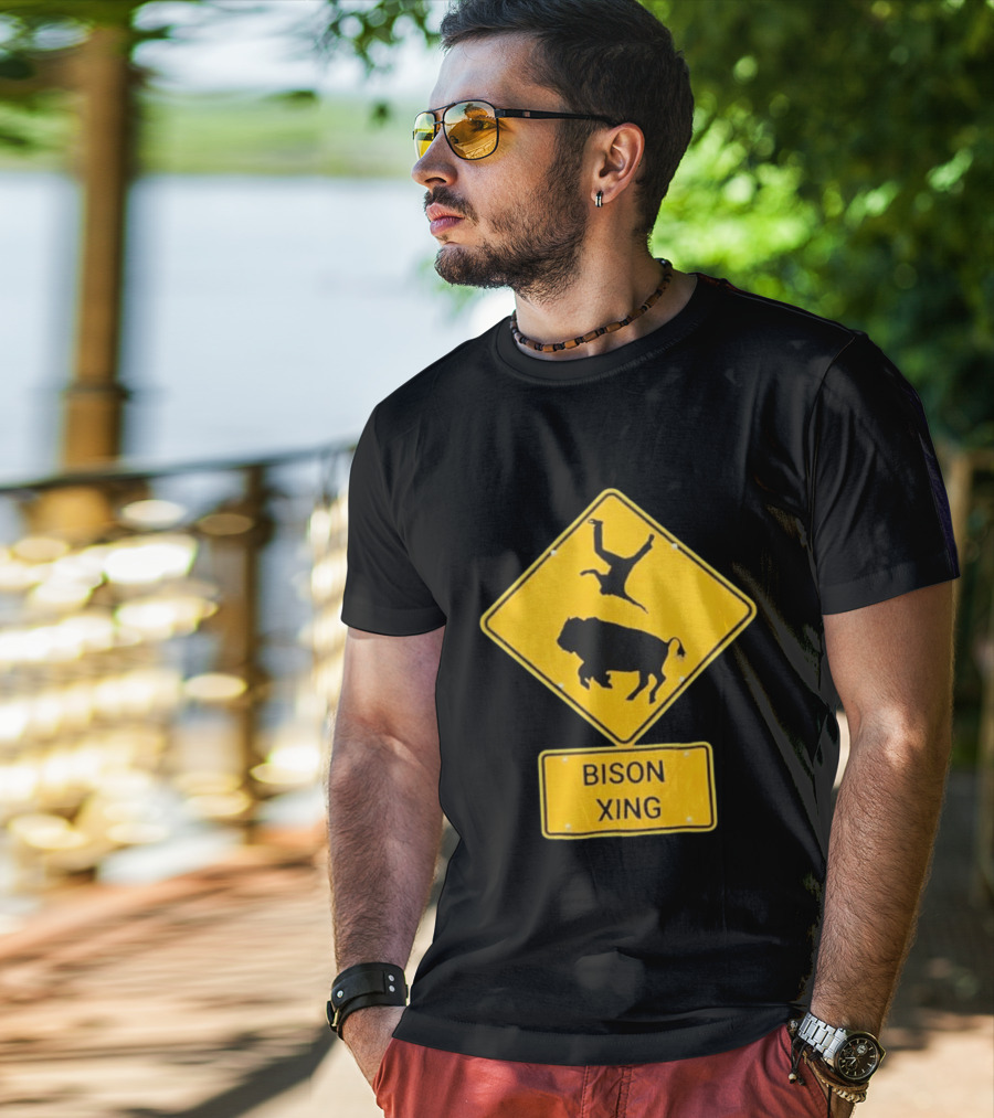 Bison Xing Road Sign With Pedestrian Warning T-Shirt