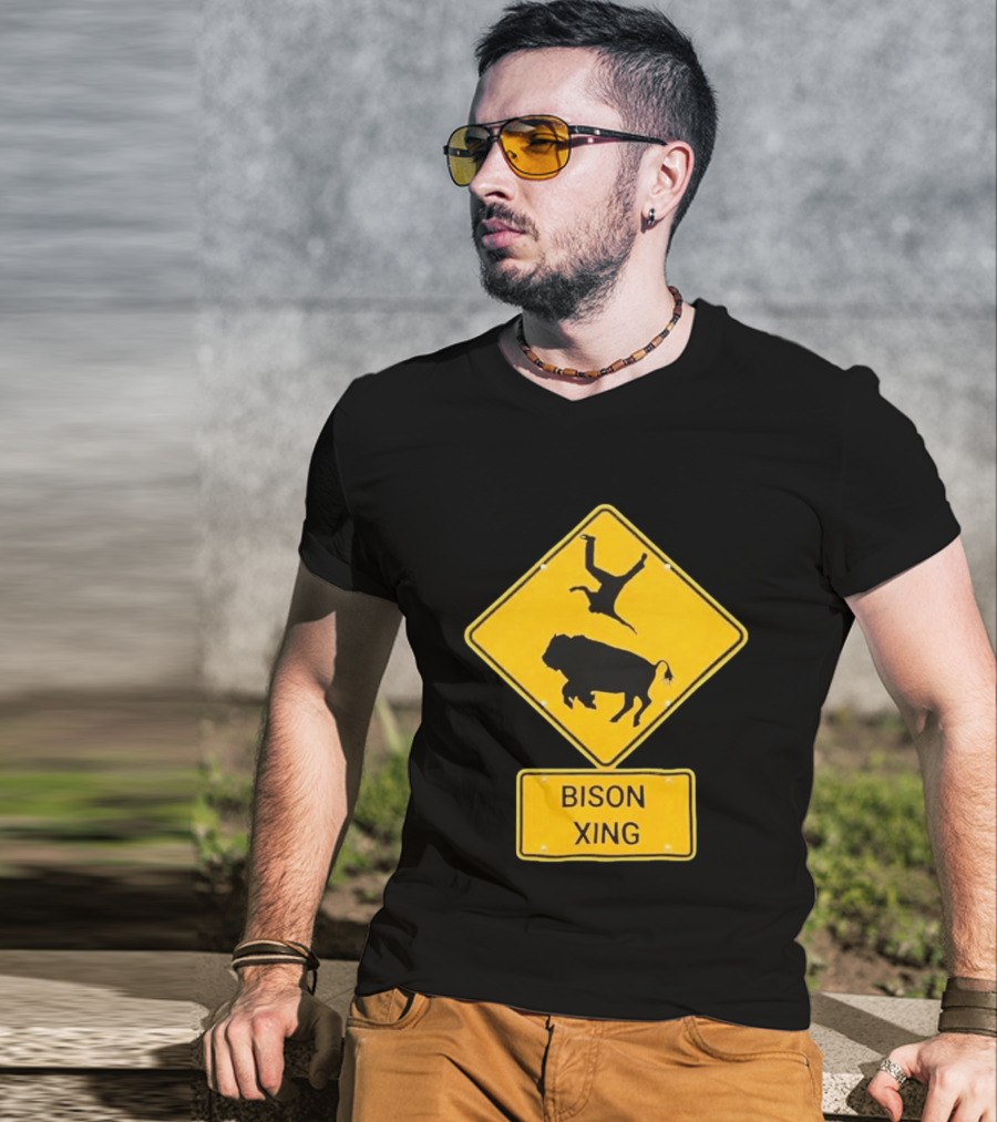 Bison Xing Road Sign With Pedestrian Warning T-Shirt