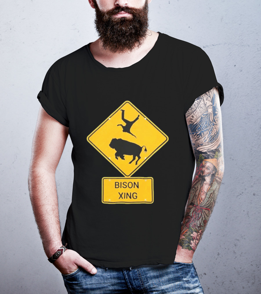 Bison Xing Road Sign With Pedestrian Warning T-Shirt