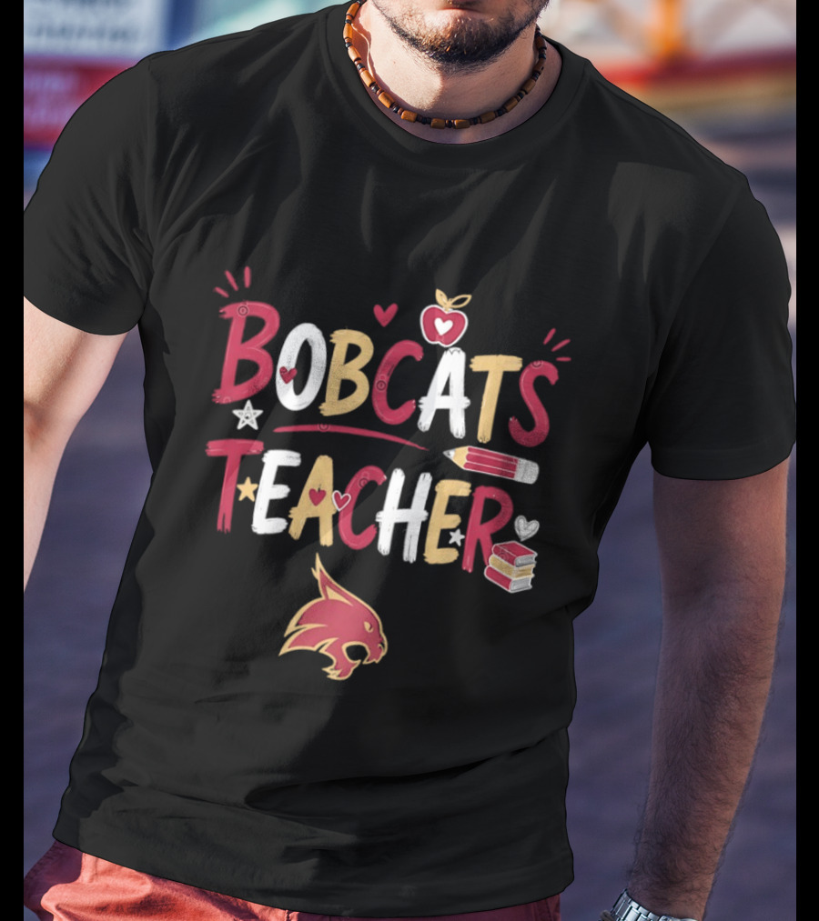 Bobcats Teacher School Spirit Heart Pencil Books Stars T-Shirt
