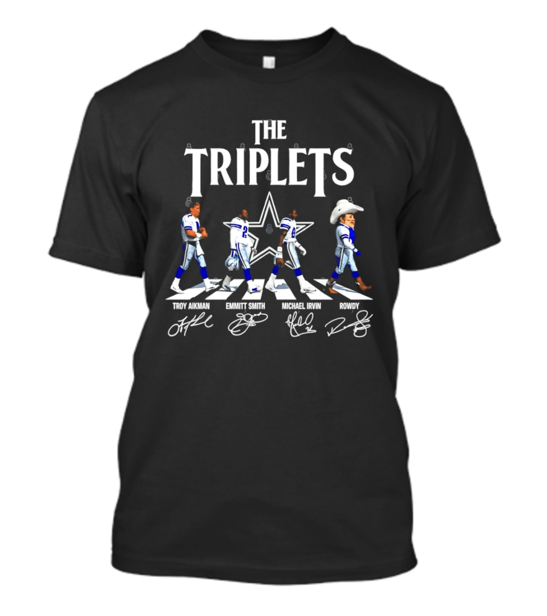 The Triplets Troy Aikman Emmitt Smith Michael Irvin Rowdy Star Signatures Cowboys Evolution T-Shirt