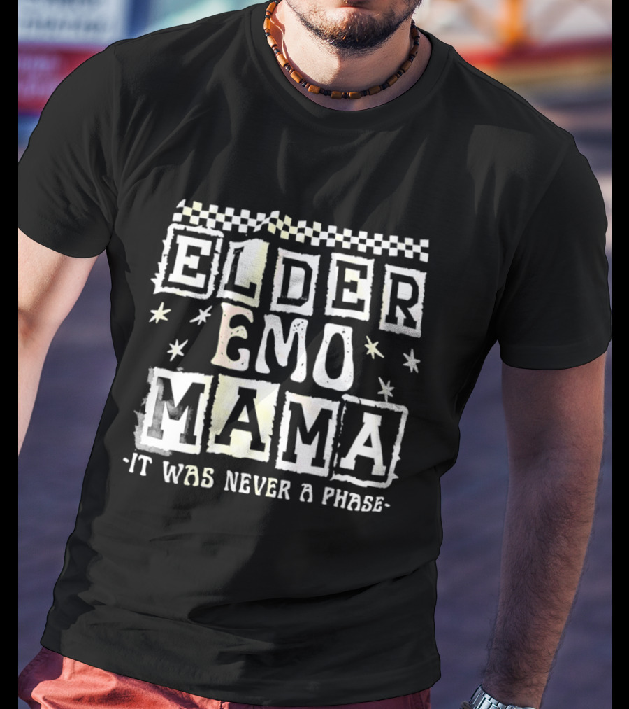 Elder Emo Mama It Was Never A Phase Vintage Retro Checkerboard Star Emo Font T-Shirt
