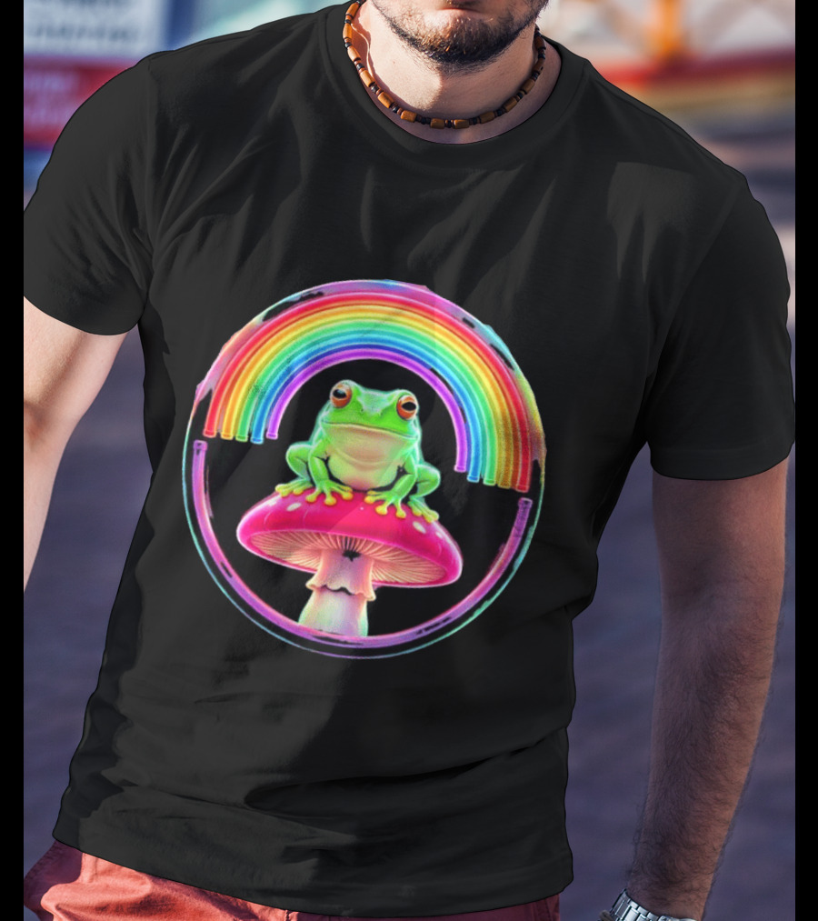 Neon Frog On Mushroom Under Vibrant Rainbow Circle T-Shirt