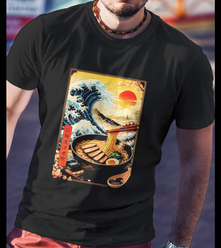 Great Wave Ramen Ukiyo E Japanese Noodles Cherry Blossoms Sun Mountain T-Shirt