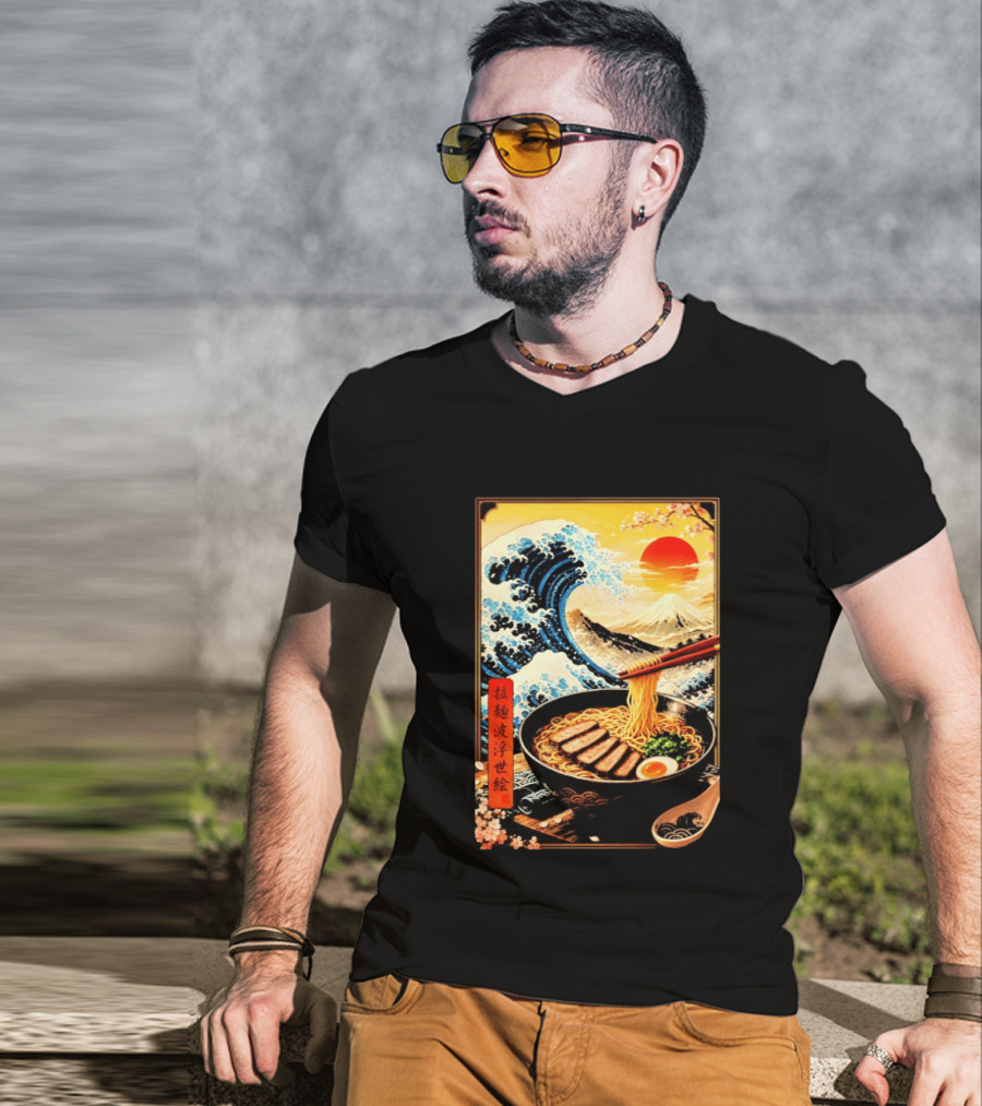 Great Wave Ramen Ukiyo E Japanese Noodles Cherry Blossoms Sun Mountain T-Shirt