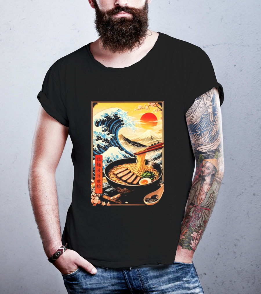 Great Wave Ramen Ukiyo E Japanese Noodles Cherry Blossoms Sun Mountain T-Shirt