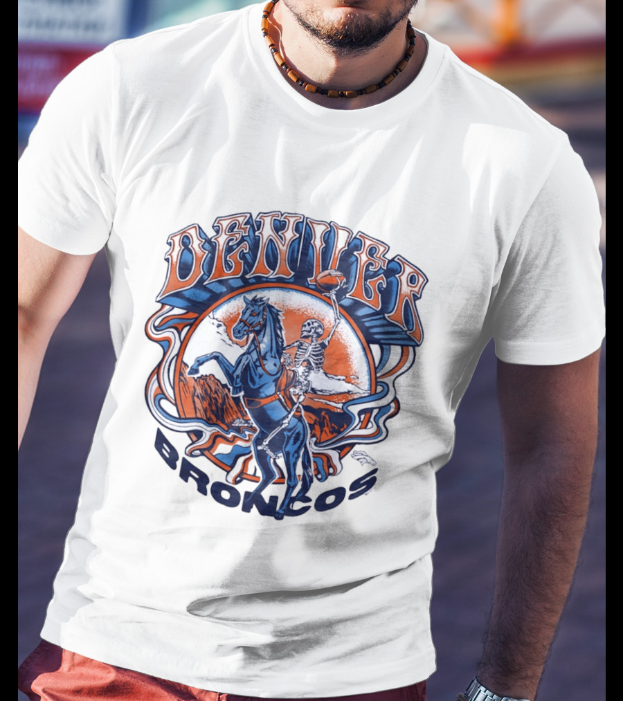 Denver Broncos Skeleton Horse Rider Football T-Shirt