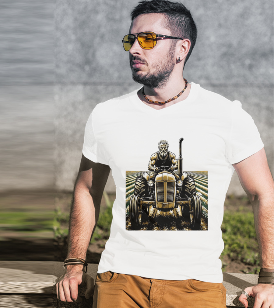 Muscular Farmer Tractor Field T-Shirt