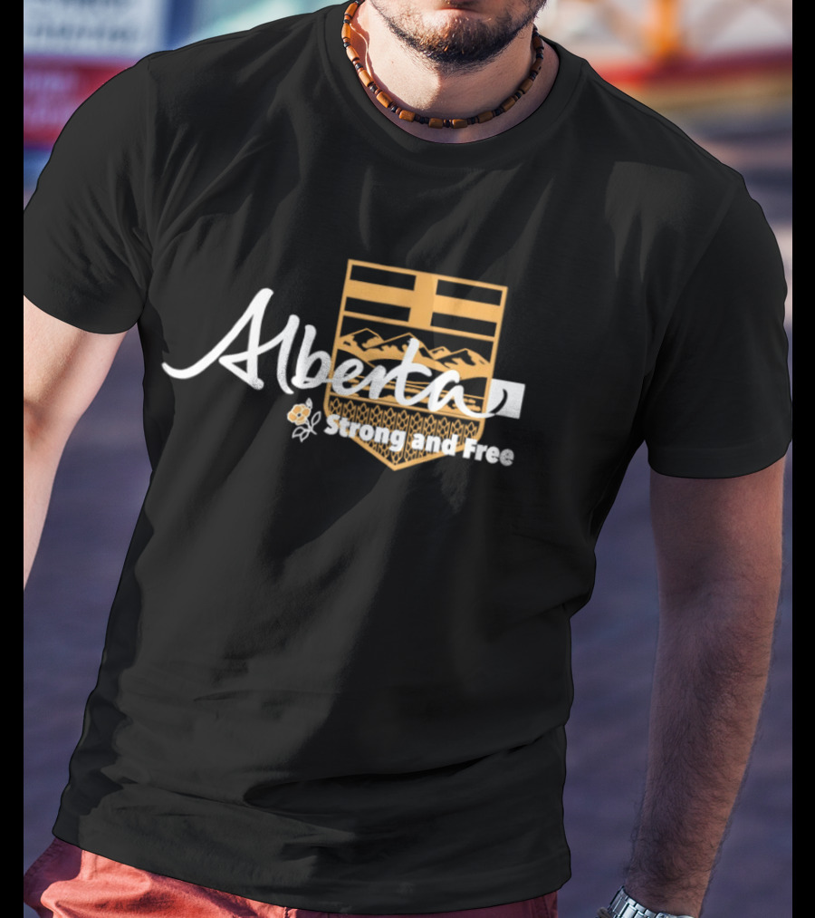 Alberta Strong And Free With Provincial Crest And Floral Accent T-Shirt