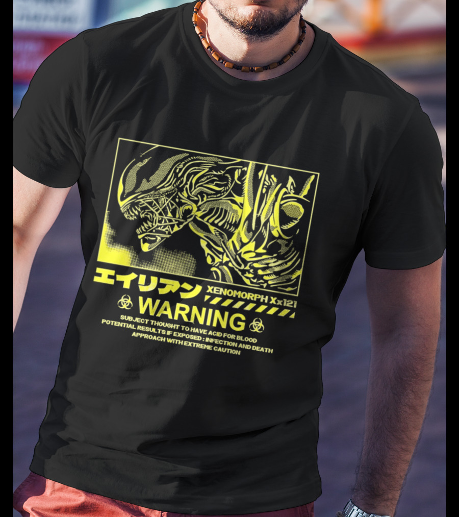 Alien Xenomorph Xx121 Acid Blood Warning Hazard Japan Text Yellow T-Shirt