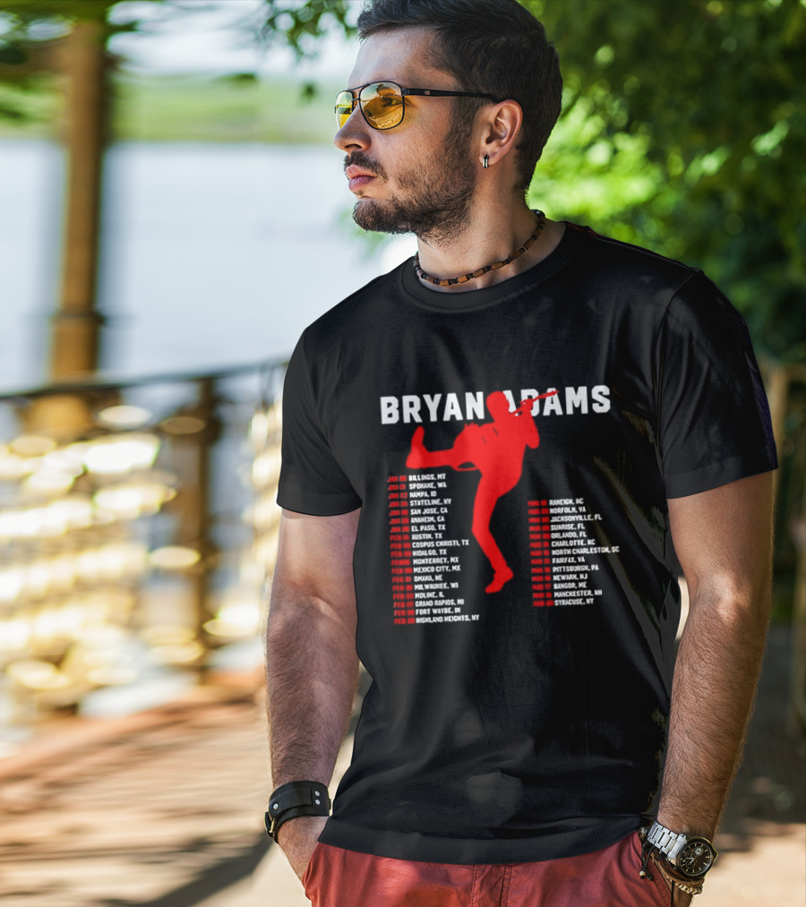 Bryan Adams Kicking Guitar With 2023 Tour Dates And Cities T-Shirt
