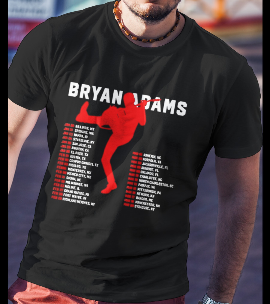 Bryan Adams Kicking Guitar With 2023 Tour Dates And Cities T-Shirt