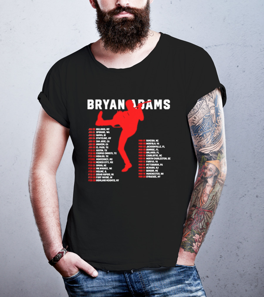 Bryan Adams Kicking Guitar With 2023 Tour Dates And Cities T-Shirt
