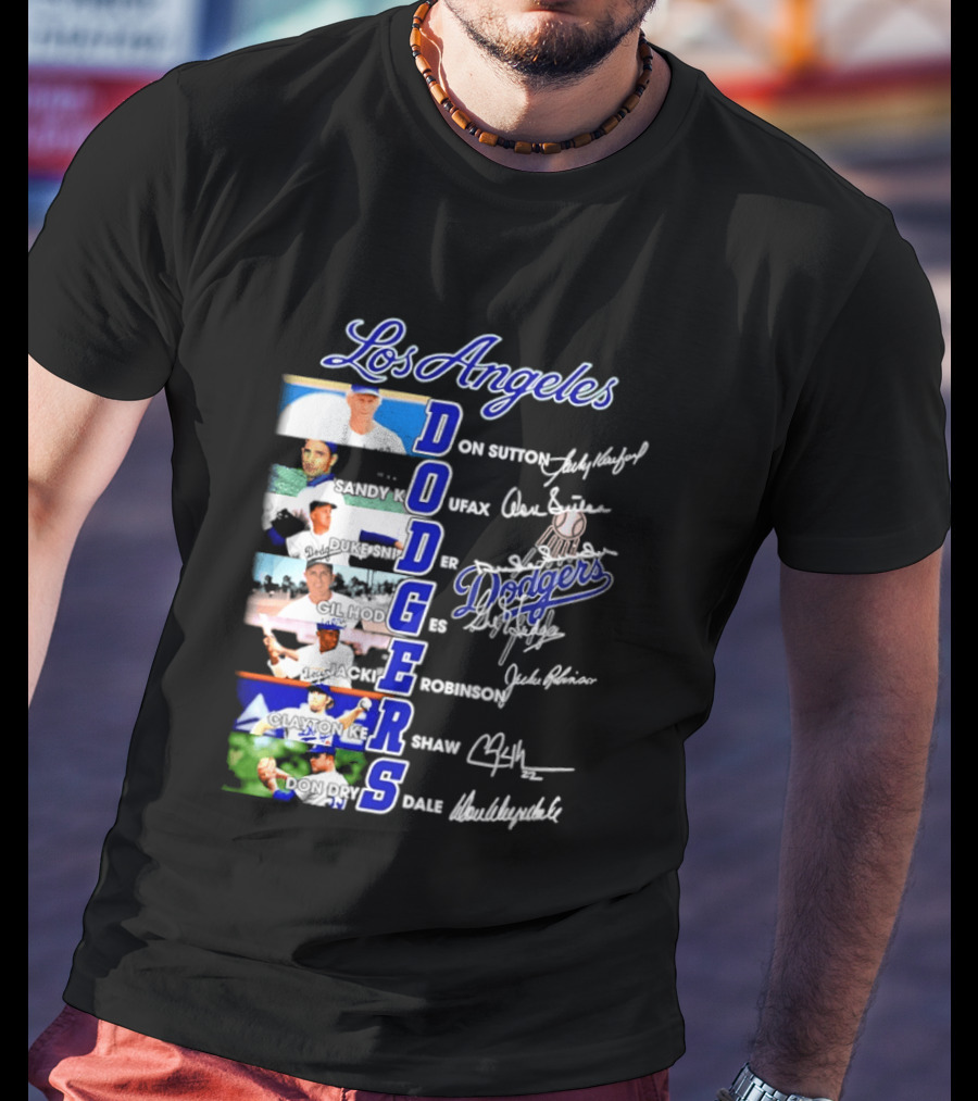 Los Angeles Dodgers Don Sutton Sandy Koufax Duke Snider Gil Hodges Jackie Robinson Clayton Kershaw Don Drysdale Signatures T-Shirt