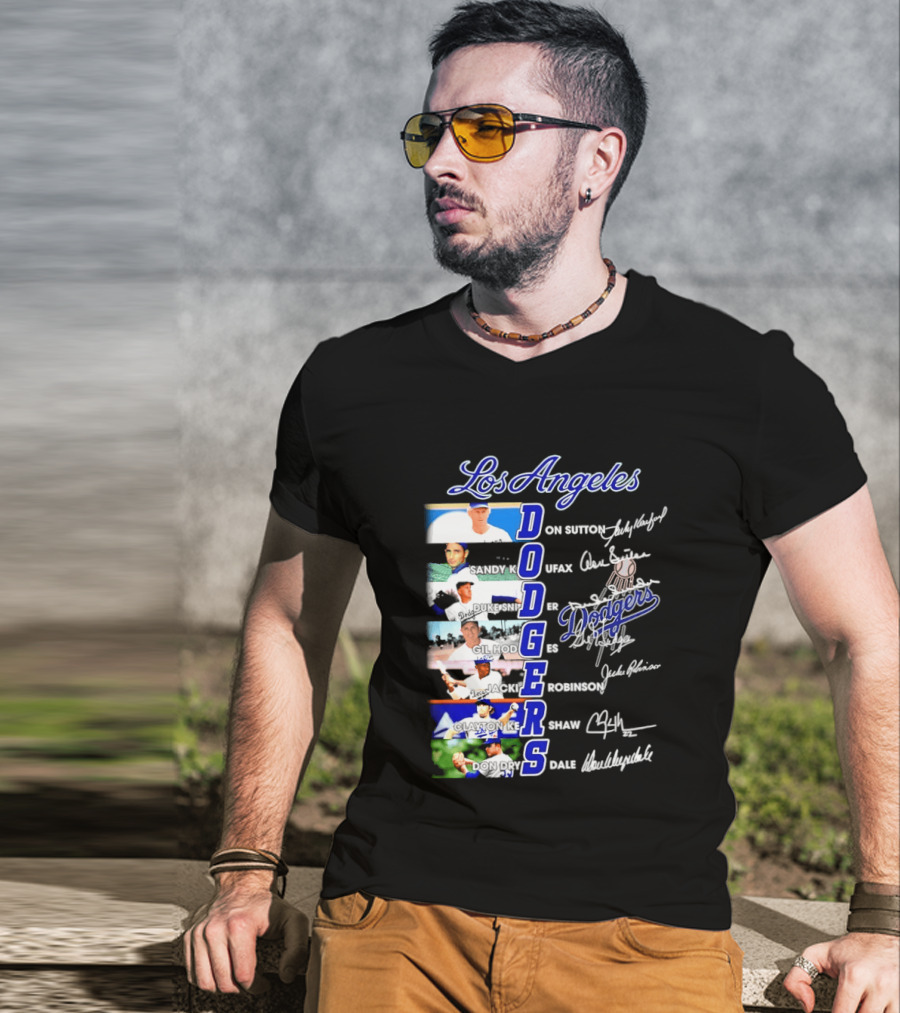 Los Angeles Dodgers Don Sutton Sandy Koufax Duke Snider Gil Hodges Jackie Robinson Clayton Kershaw Don Drysdale Signatures T-Shirt