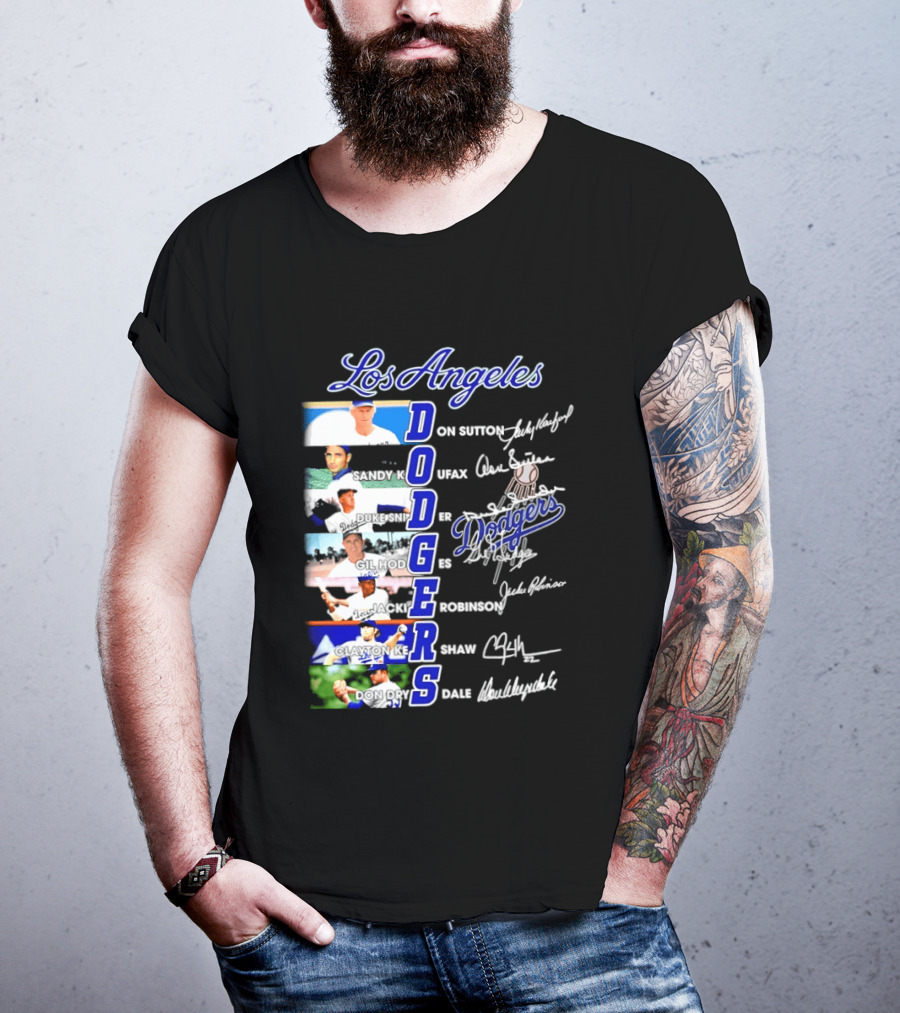 Los Angeles Dodgers Don Sutton Sandy Koufax Duke Snider Gil Hodges Jackie Robinson Clayton Kershaw Don Drysdale Signatures T-Shirt