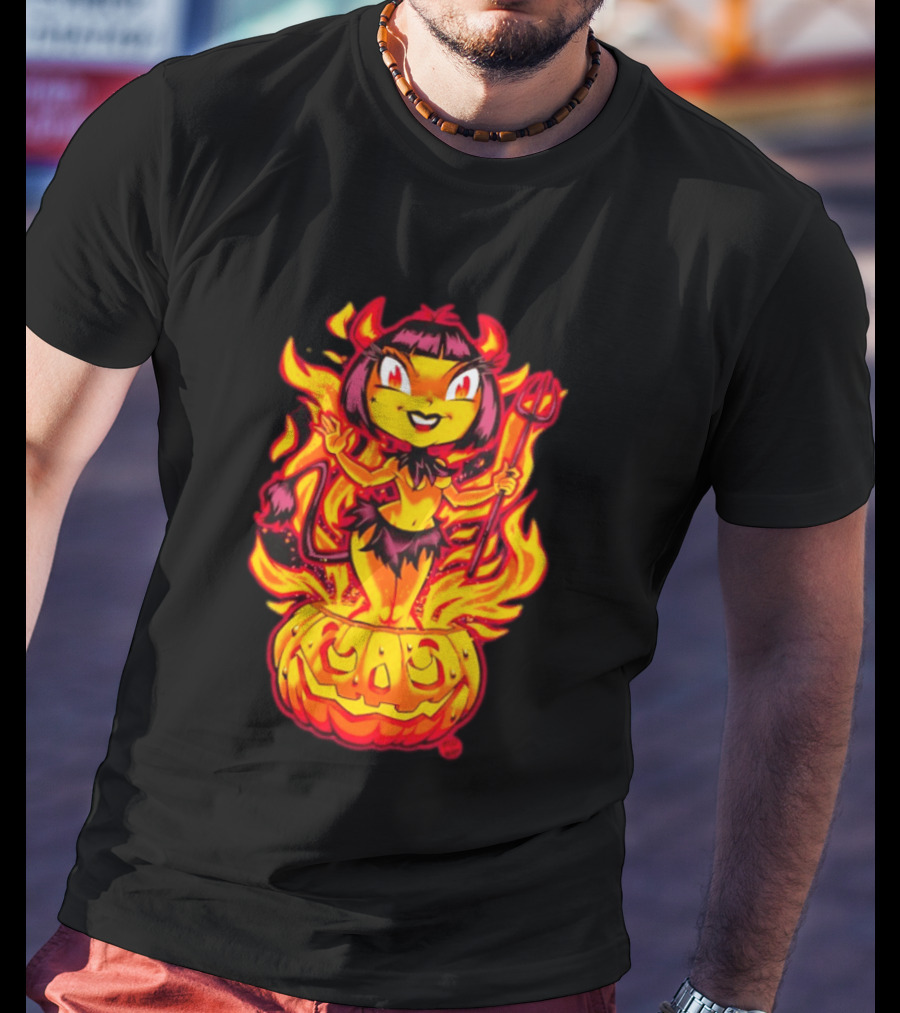 Devil Girl In Jack O' Lantern Halloween Flames With Pitchfork And Tail T-Shirt