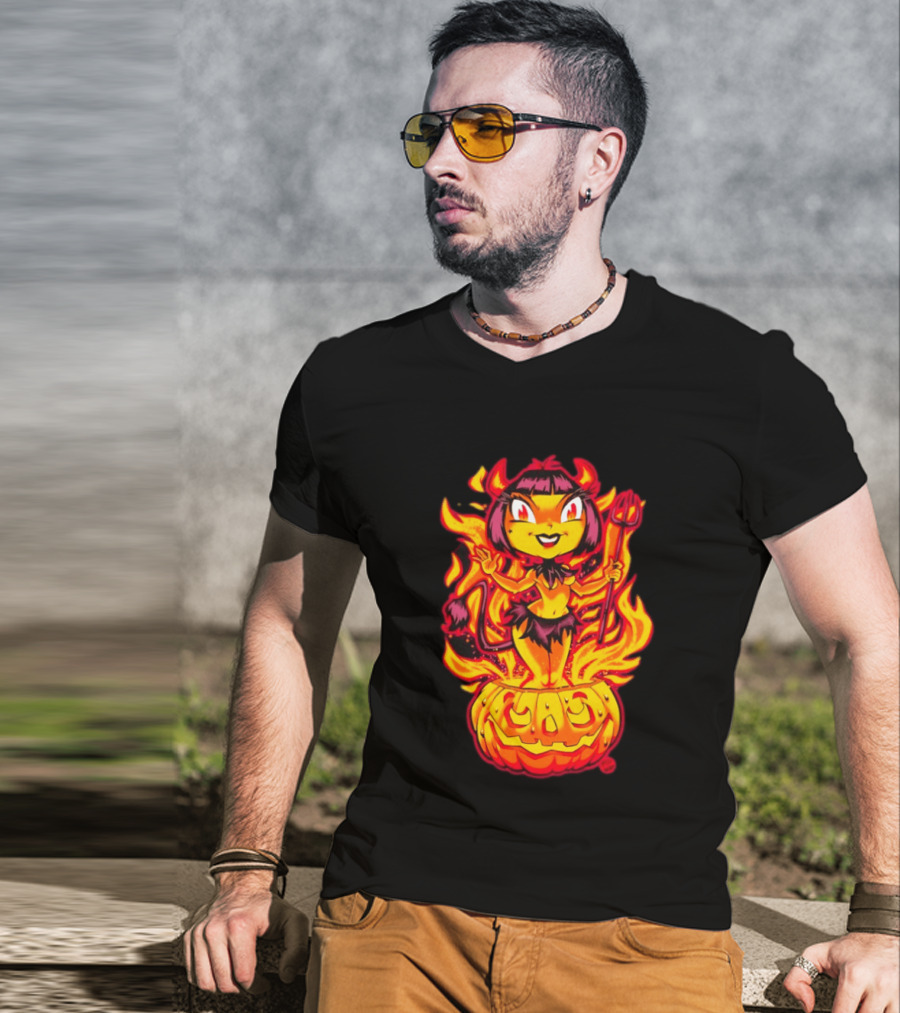 Devil Girl In Jack O' Lantern Halloween Flames With Pitchfork And Tail T-Shirt