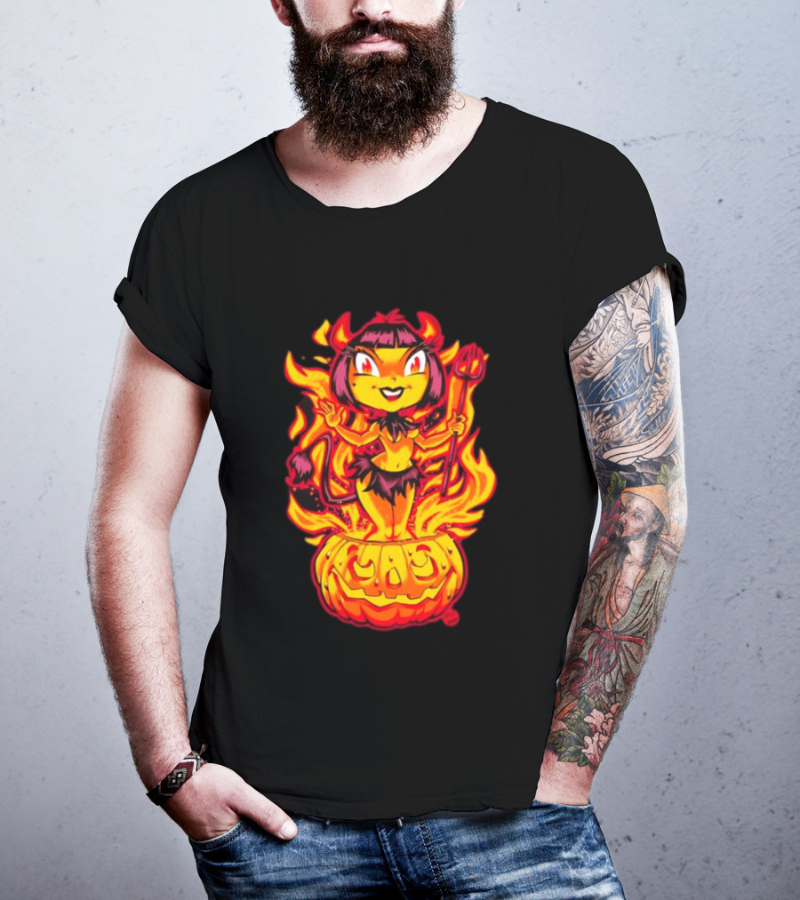 Devil Girl In Jack O' Lantern Halloween Flames With Pitchfork And Tail T-Shirt