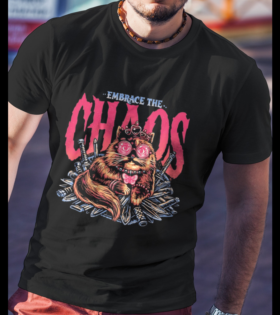 Embrace The Chaos Cat Pink Crown Daggers Funny Feline T-Shirt