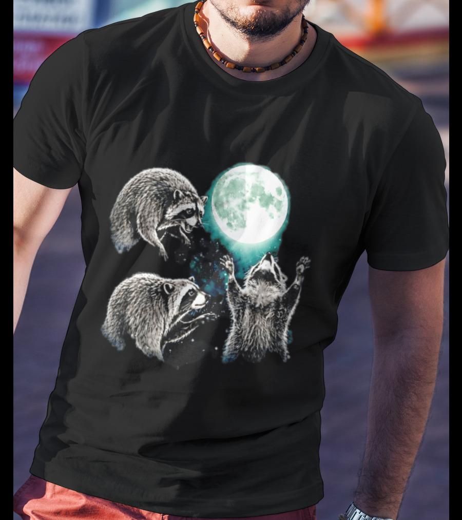 Jimothy Raccoon Moon Space Wolf Moon Trio Reaching For Full Moon T-Shirt