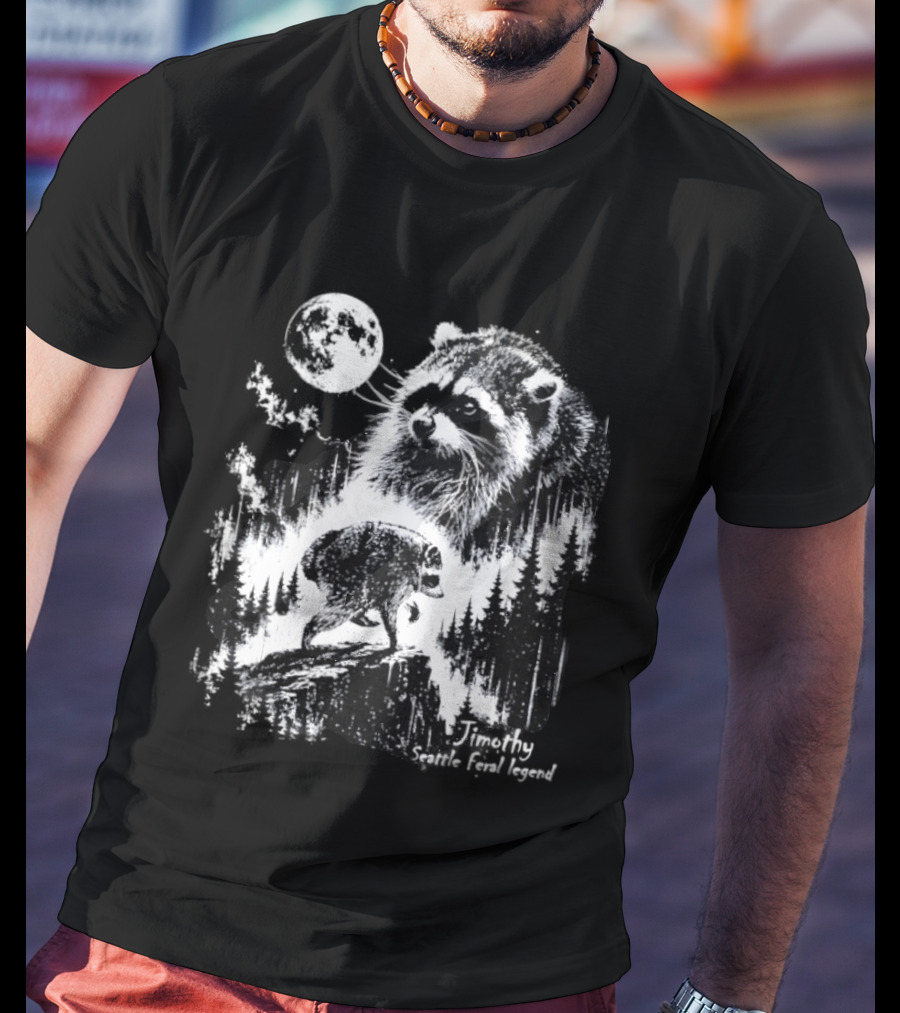 Jimothy Seattle Feral Legend Raccoon Moonlit Forest Wildlife Adventure T-Shirt