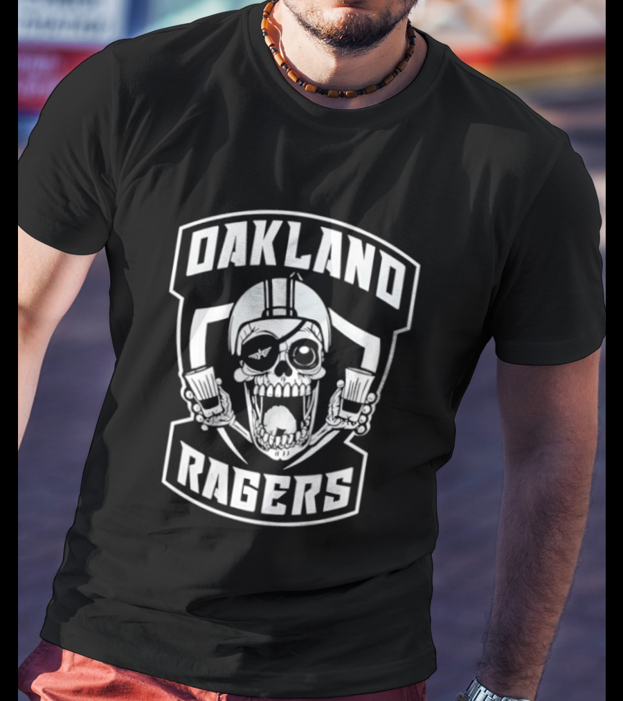 Oakland Ragers Skull With Eye Patch Holding Drinks T-Shirt