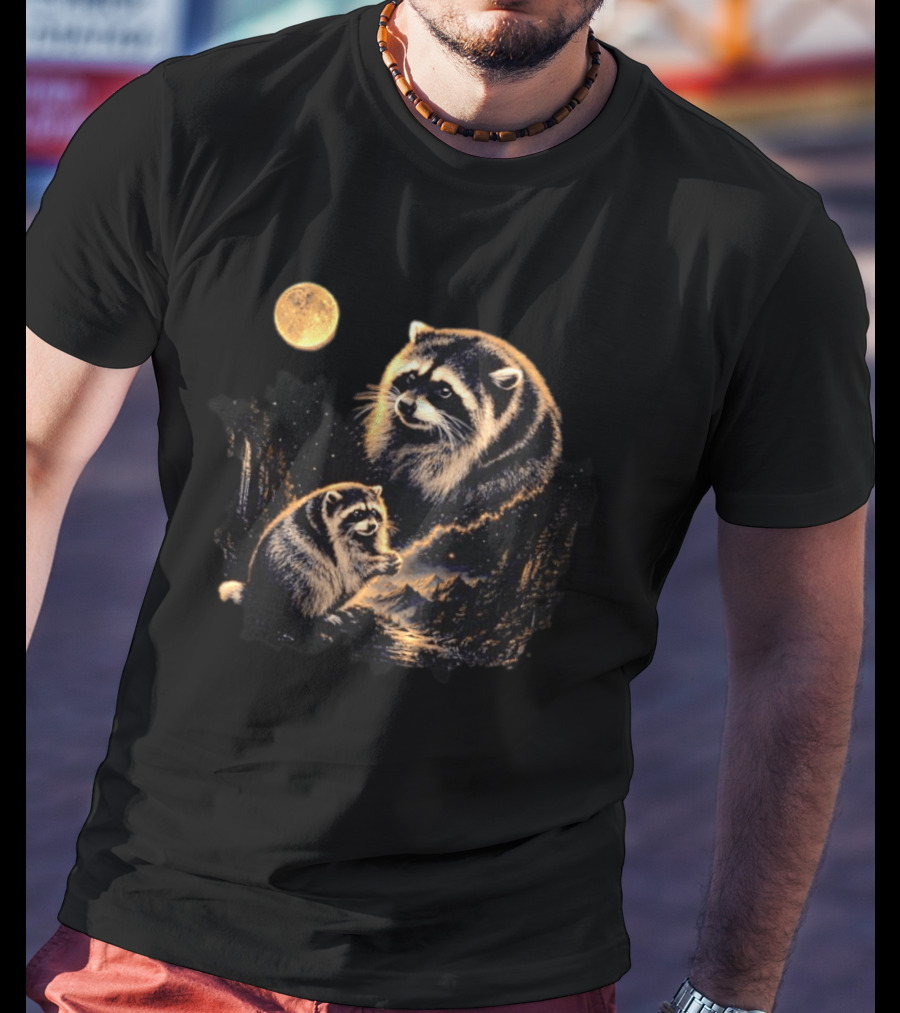 Raccoon And Moonlit Night Forest Wildlife Scene T-Shirt