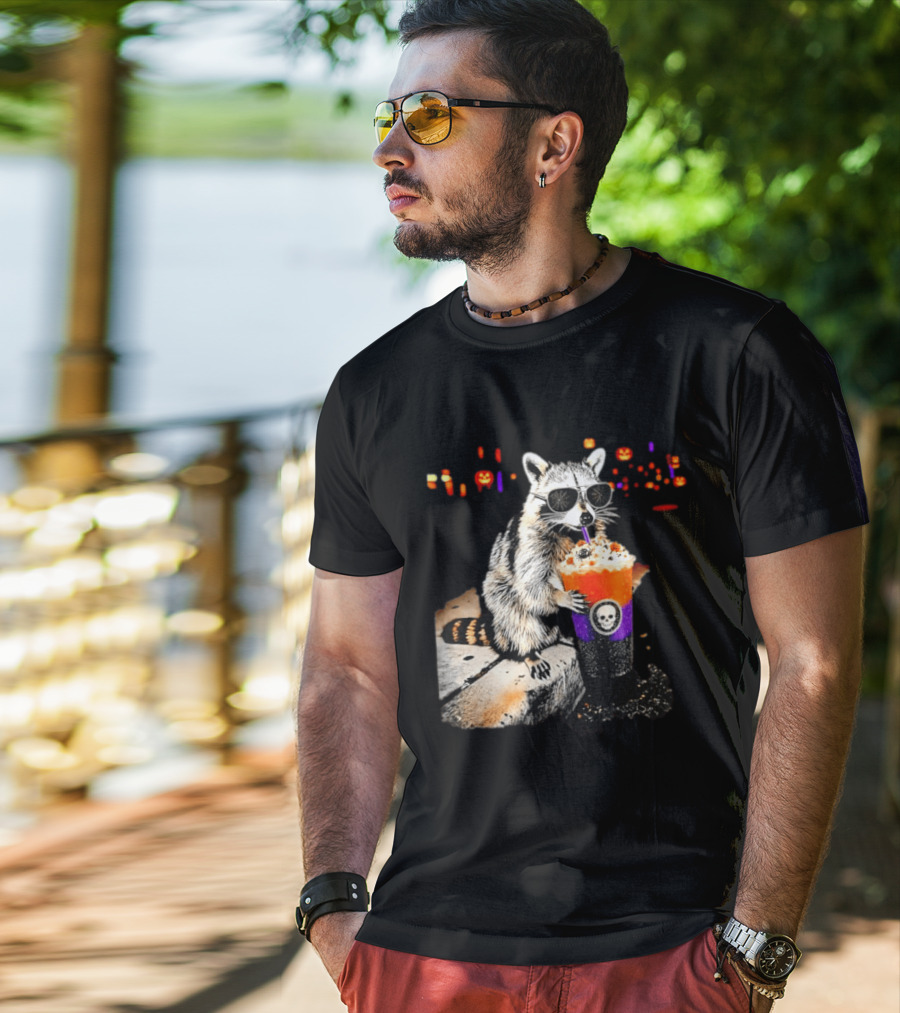 Raccoon With Sunglasses Enjoying Halloween Frappe With Skull Cup And Pumpkin T-Shirt