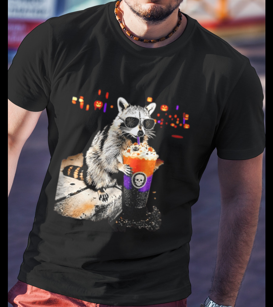 Raccoon With Sunglasses Enjoying Halloween Frappe With Skull Cup And Pumpkin T-Shirt