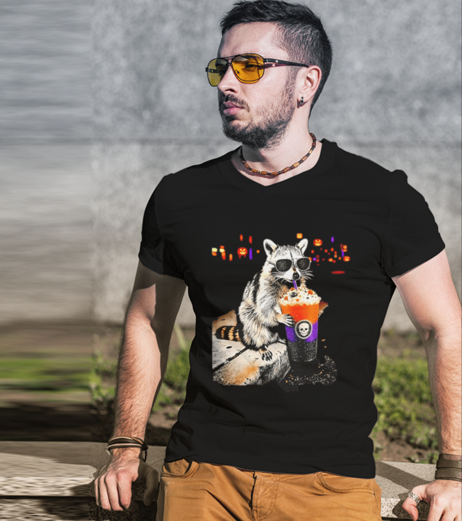 Raccoon With Sunglasses Enjoying Halloween Frappe With Skull Cup And Pumpkin T-Shirt