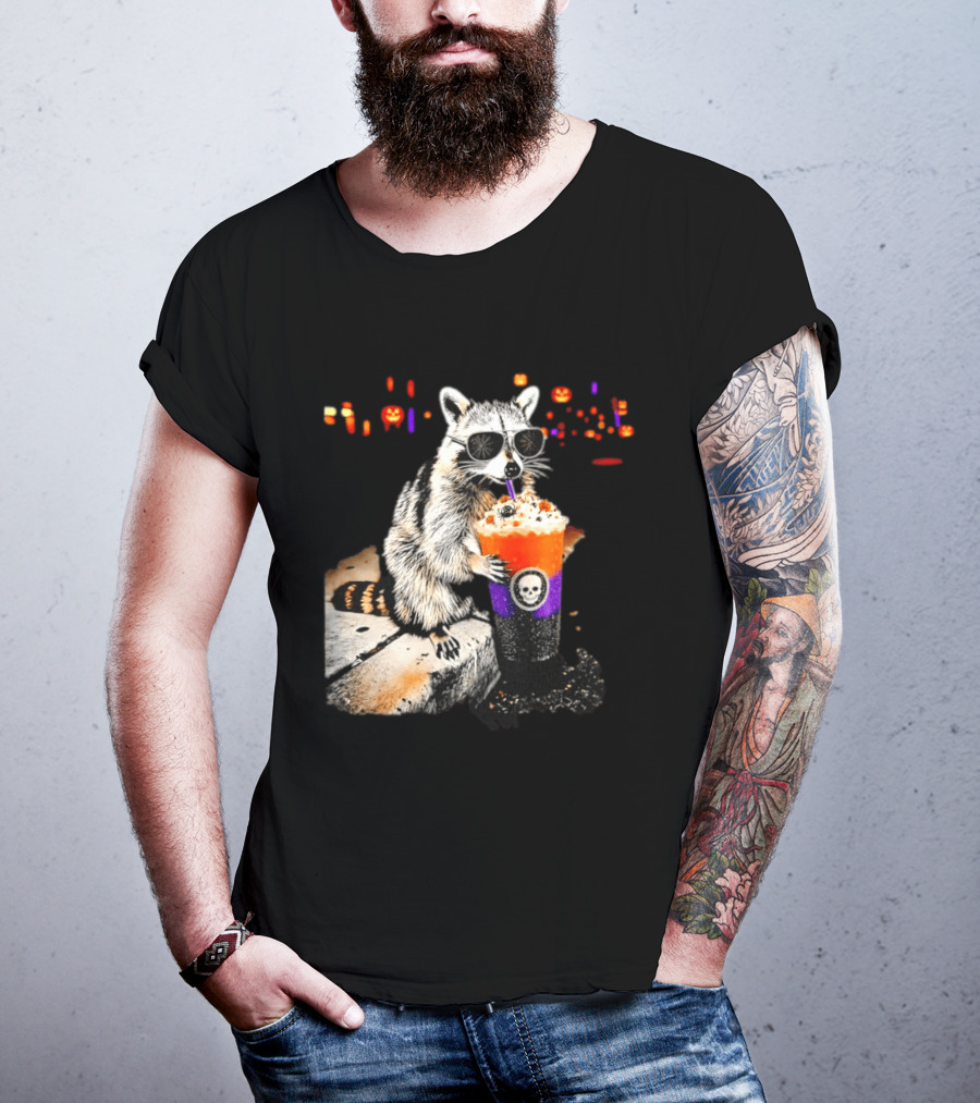 Raccoon With Sunglasses Enjoying Halloween Frappe With Skull Cup And Pumpkin T-Shirt