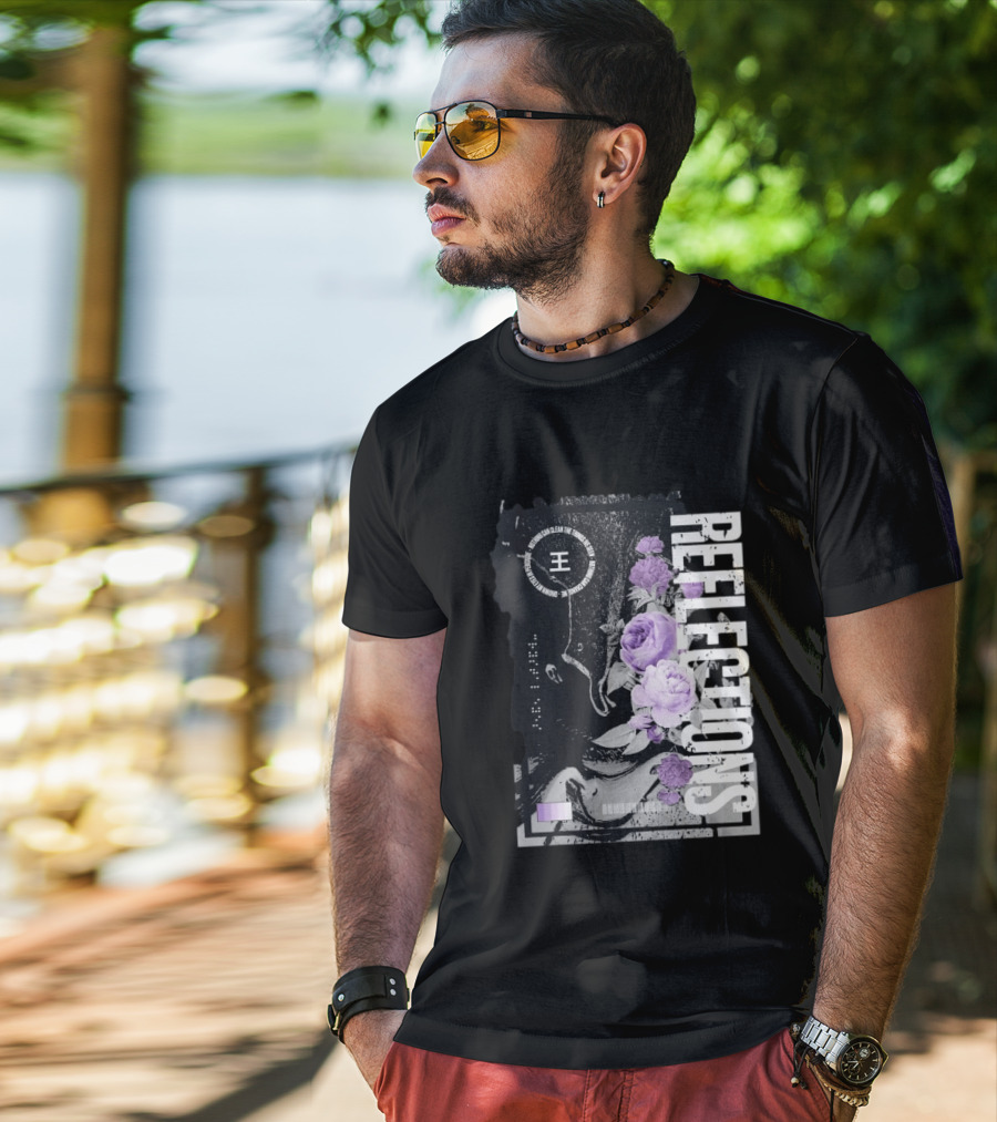 Reflections Peroxide Floral Typography With Purple Roses And Abstract Black And White T-Shirt