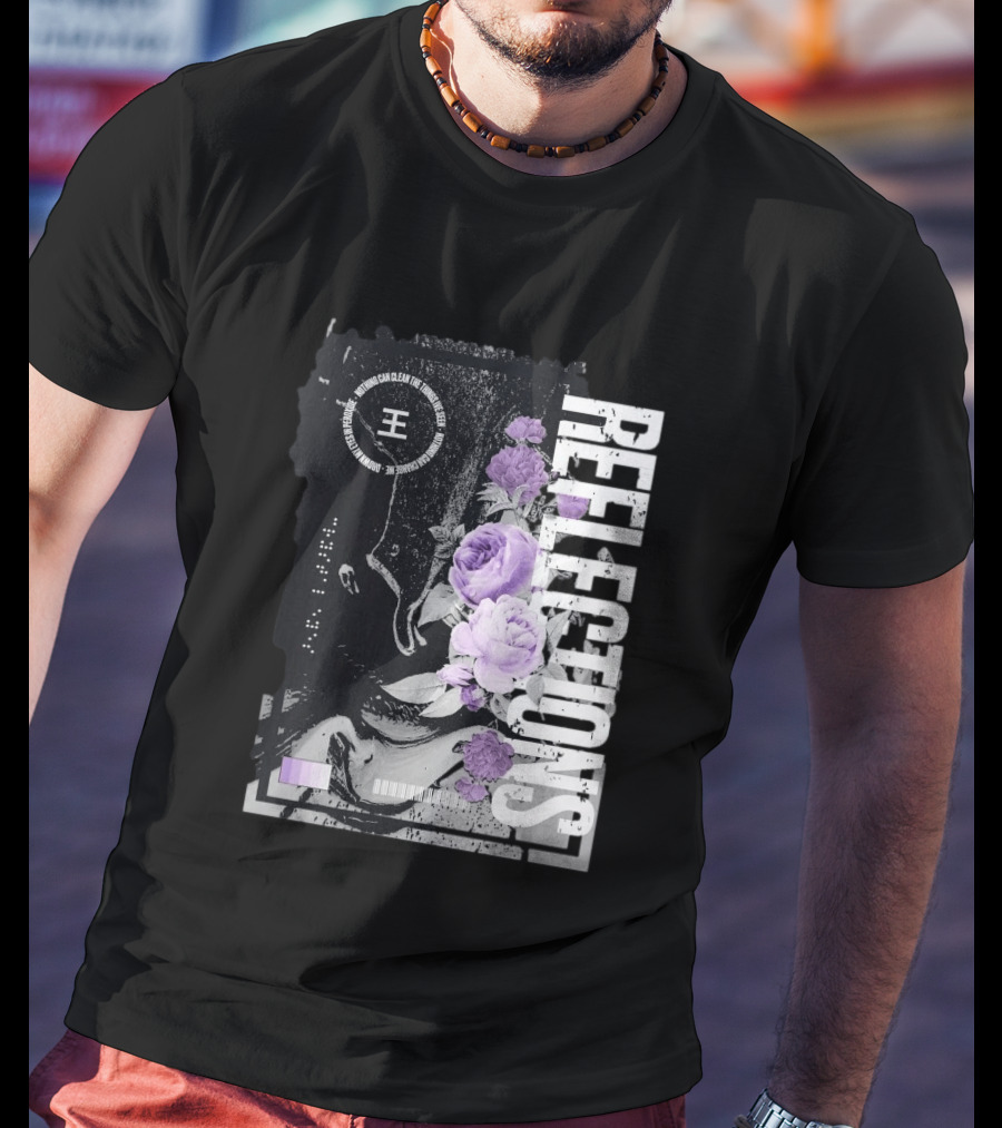 Reflections Peroxide Floral Typography With Purple Roses And Abstract Black And White T-Shirt