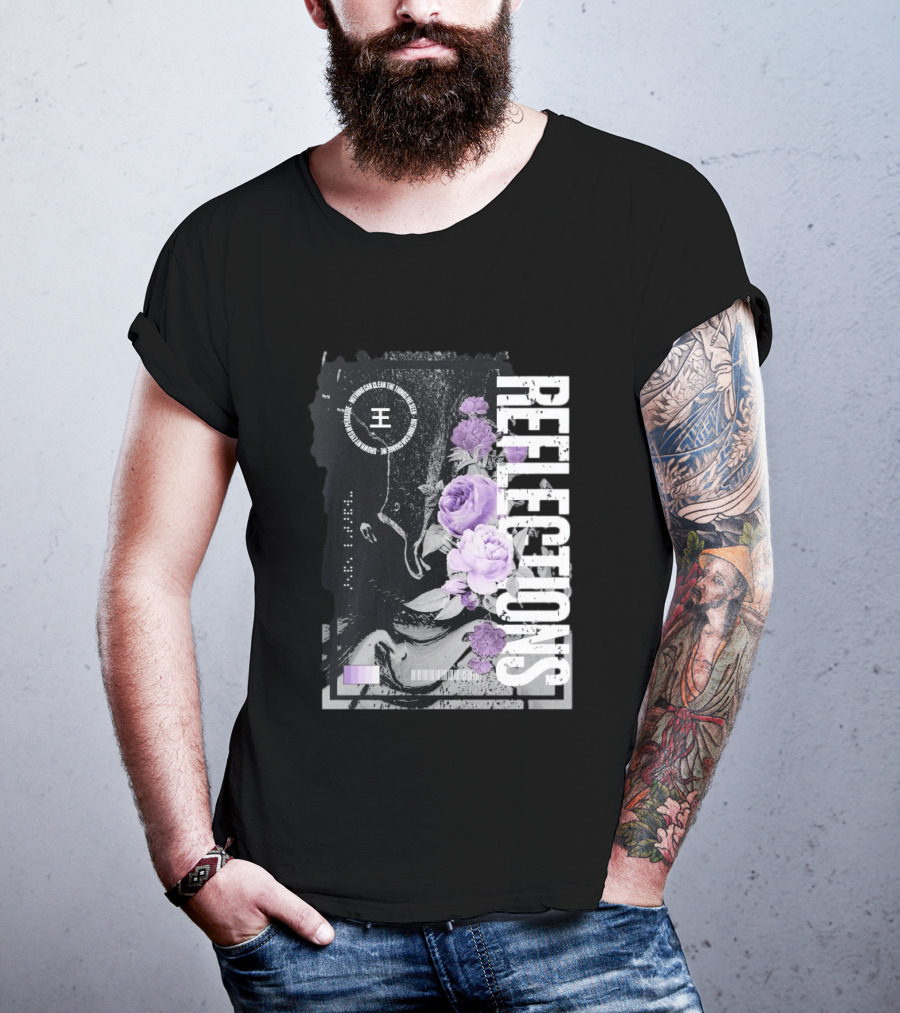 Reflections Peroxide Floral Typography With Purple Roses And Abstract Black And White T-Shirt
