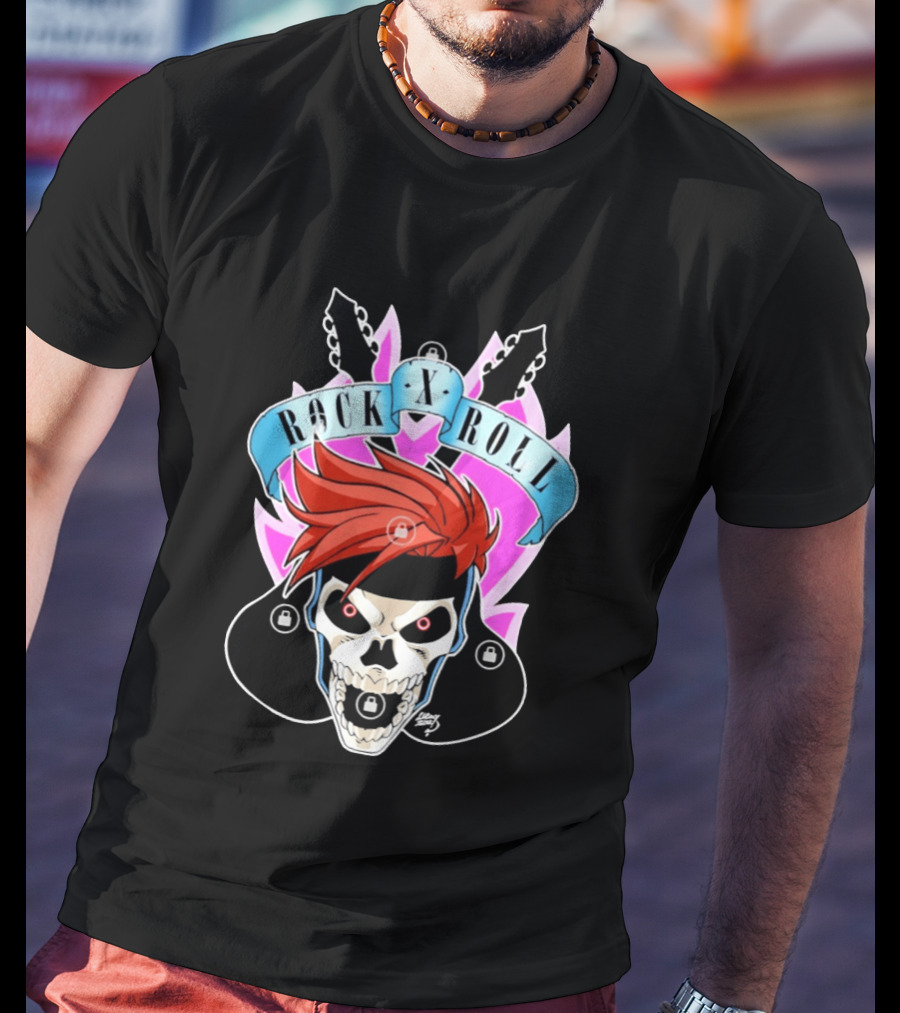 Rock X Roll Skull Electric Guitar Red Hair T-Shirt