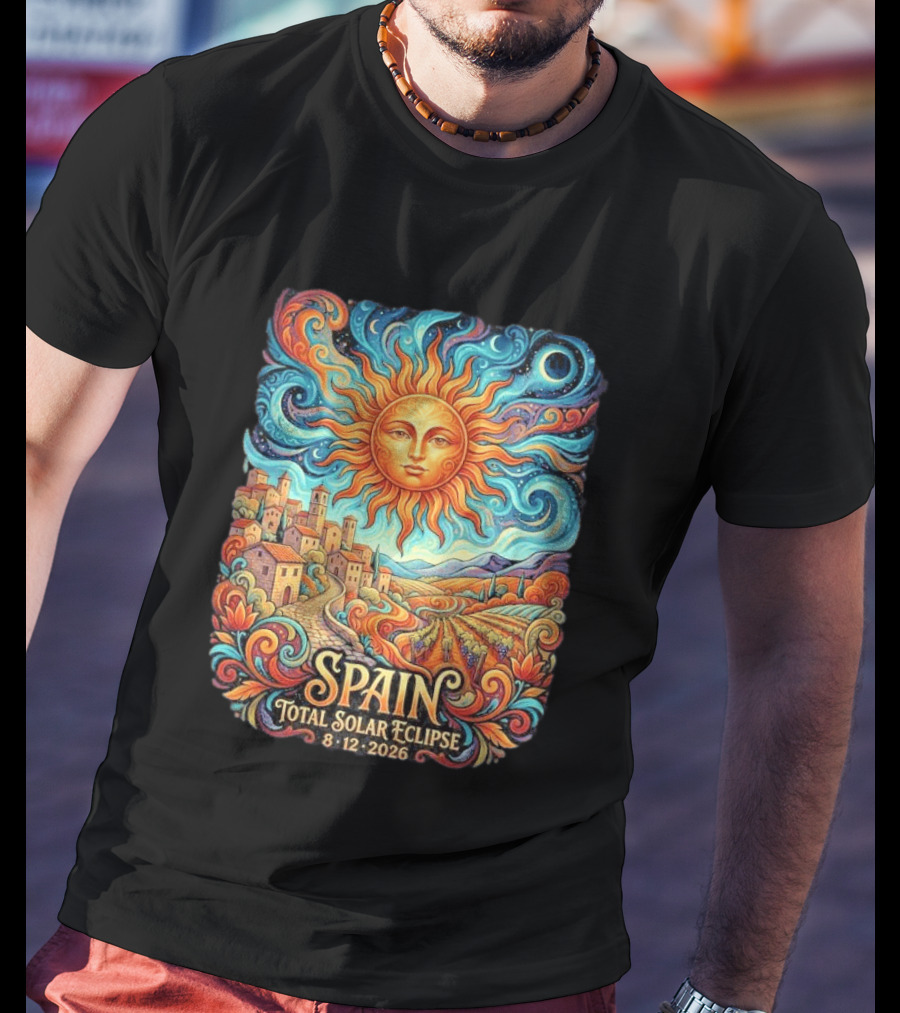 Spain Total Solar Eclipse 8 12 2026 Sun And Moon Celestial Village T-Shirt