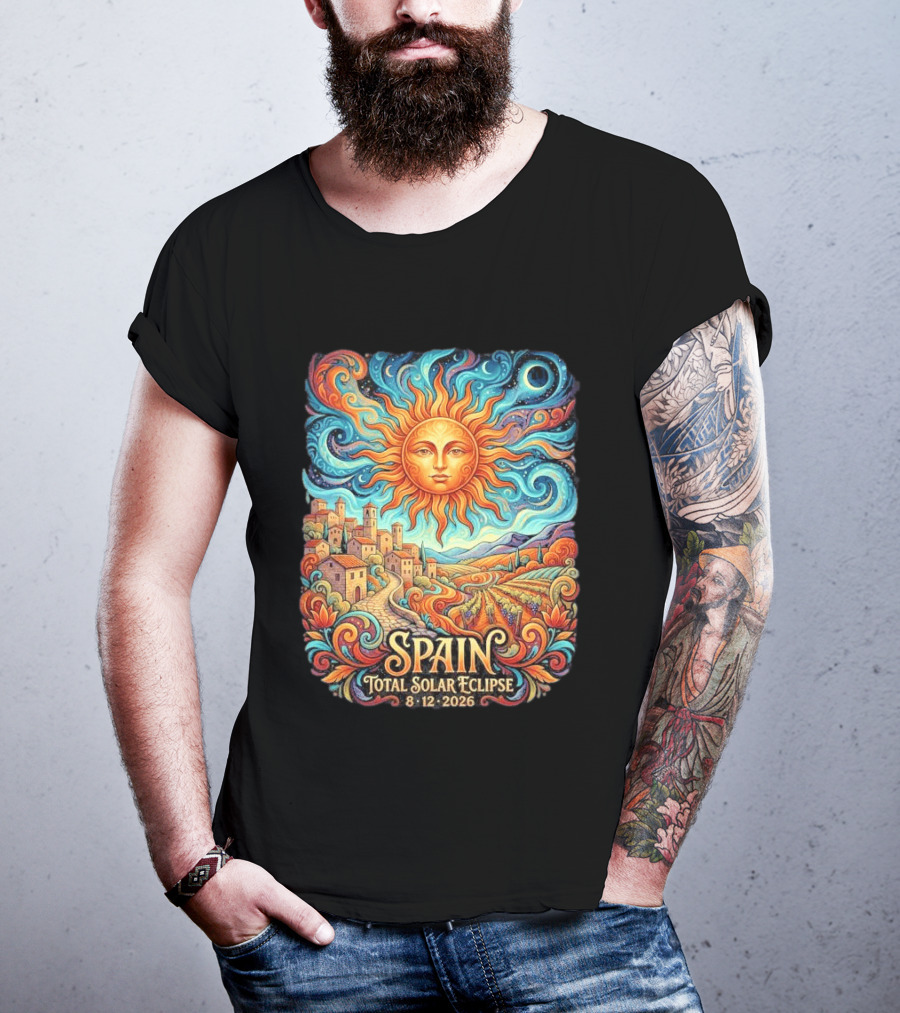 Spain Total Solar Eclipse 8 12 2026 Sun And Moon Celestial Village T-Shirt