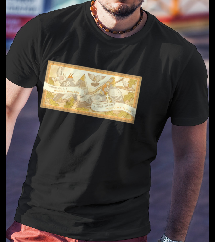 Turns Out I Wasn't Broken I Just Hadn't Found My Flock Pigeon Funny Vintage Style Banner With Autumn Leaves T-Shirt