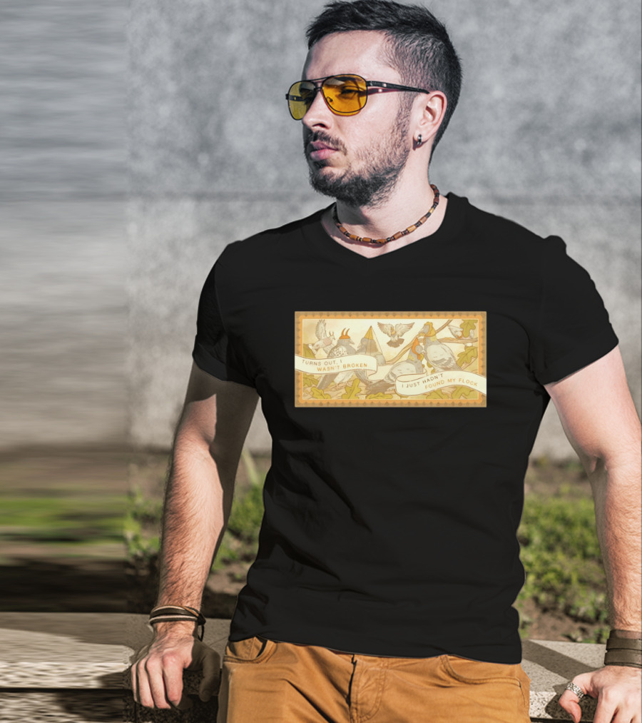 Turns Out I Wasn't Broken I Just Hadn't Found My Flock Pigeon Funny Vintage Style Banner With Autumn Leaves T-Shirt