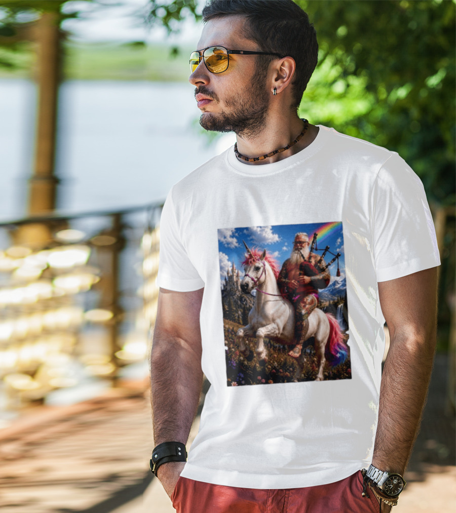 Bearded Scotsman Playing Bagpipes Riding A Rainbow Unicorn In Enchanted Castle Landscape T-Shirt