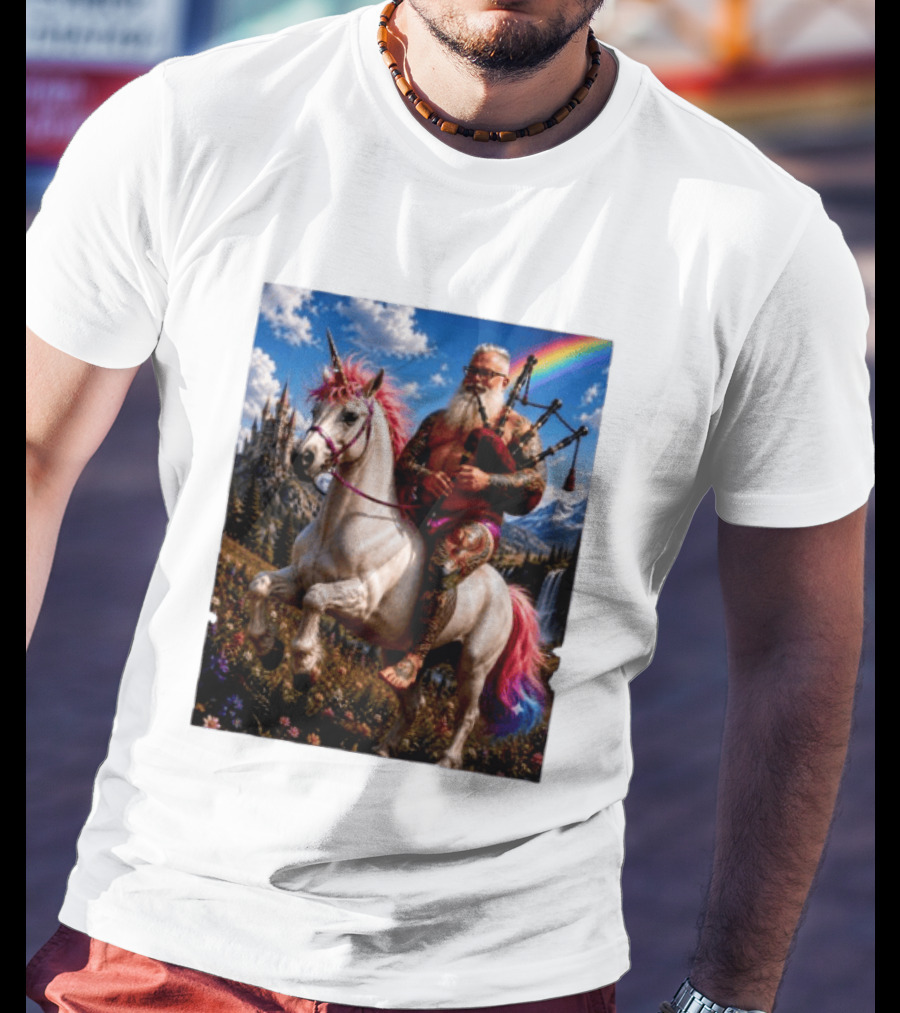 Bearded Scotsman Playing Bagpipes Riding A Rainbow Unicorn In Enchanted Castle Landscape T-Shirt