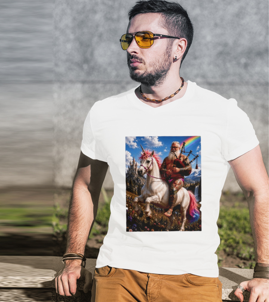 Bearded Scotsman Playing Bagpipes Riding A Rainbow Unicorn In Enchanted Castle Landscape T-Shirt