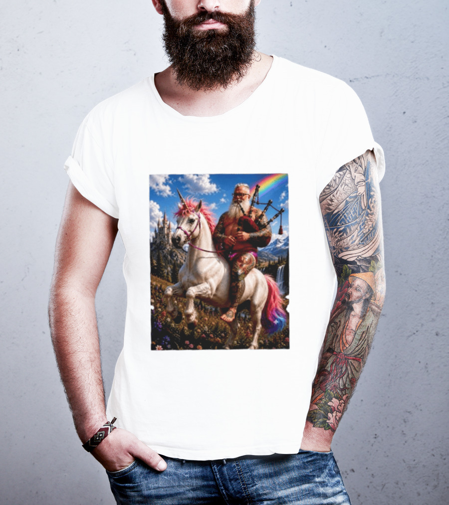 Bearded Scotsman Playing Bagpipes Riding A Rainbow Unicorn In Enchanted Castle Landscape T-Shirt