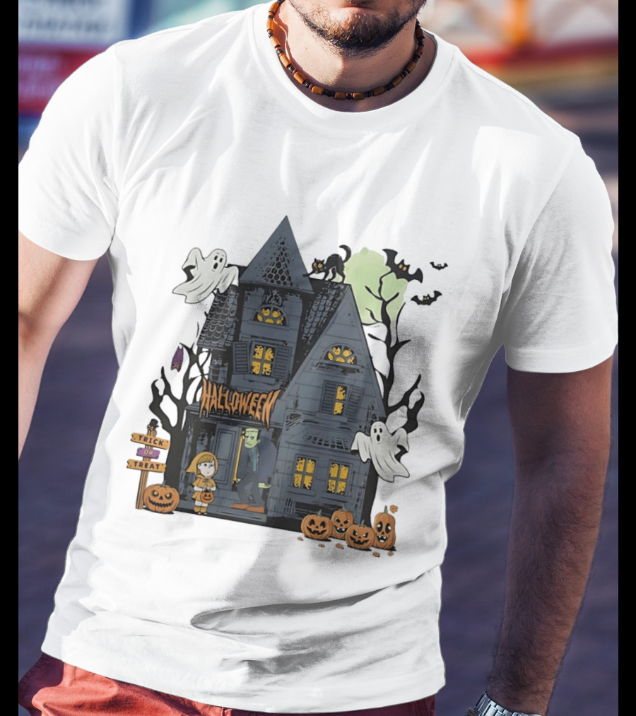 Halloween Haunted House With Frankenstein Trick Or Treat Ghosts And Pumpkins T-Shirt