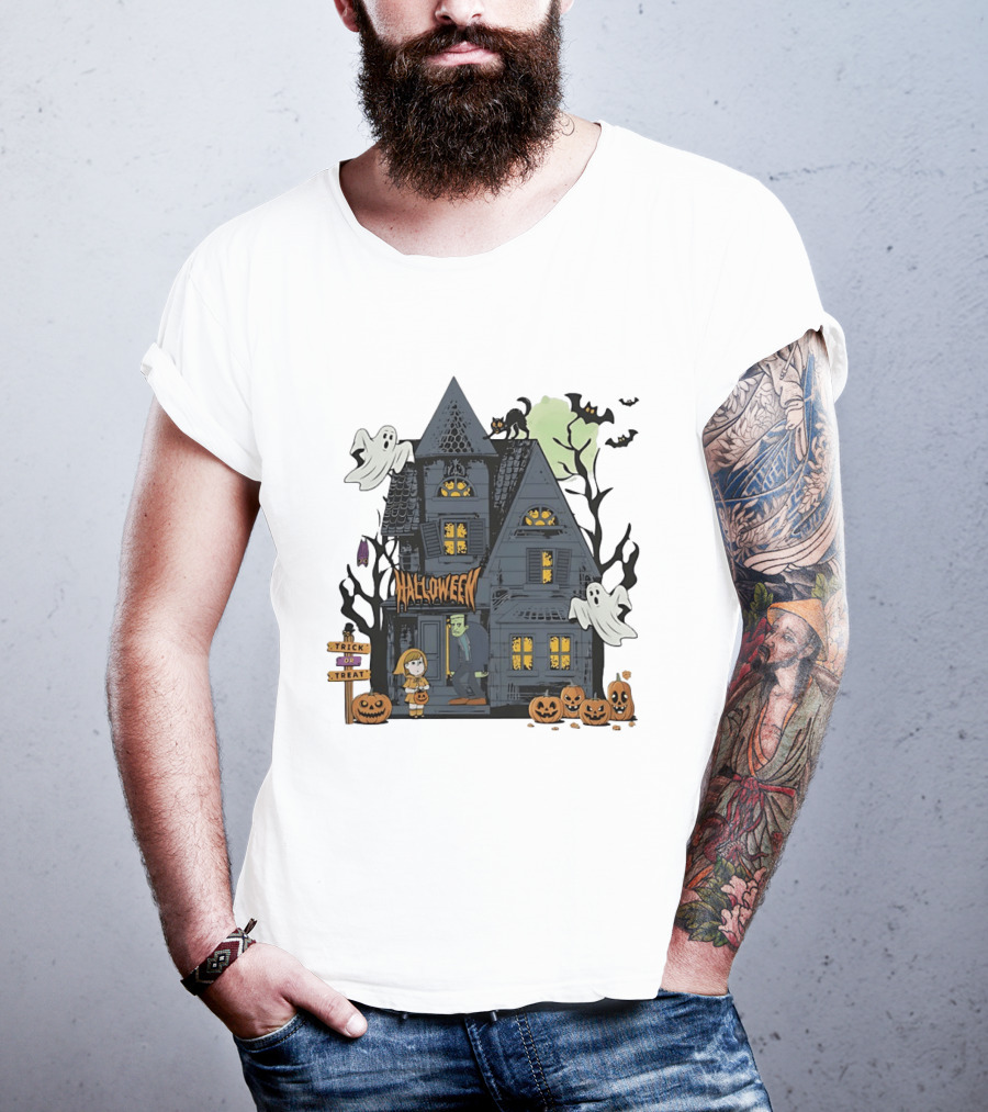Halloween Haunted House With Frankenstein Trick Or Treat Ghosts And Pumpkins T-Shirt