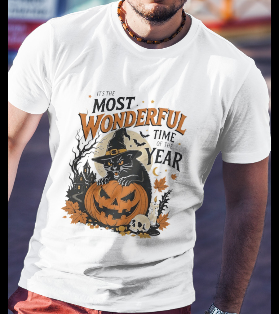 It's The Most Wonderful Time Of The Year Witch Cat And Pumpkin Halloween T-Shirt